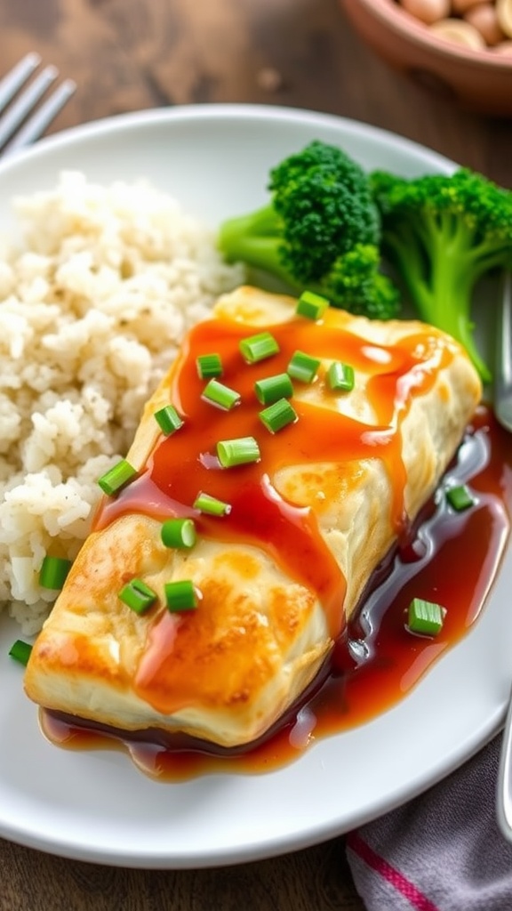 Honey maple glazed cod fillets on a plate, garnished with green onions, served with broccoli and rice.